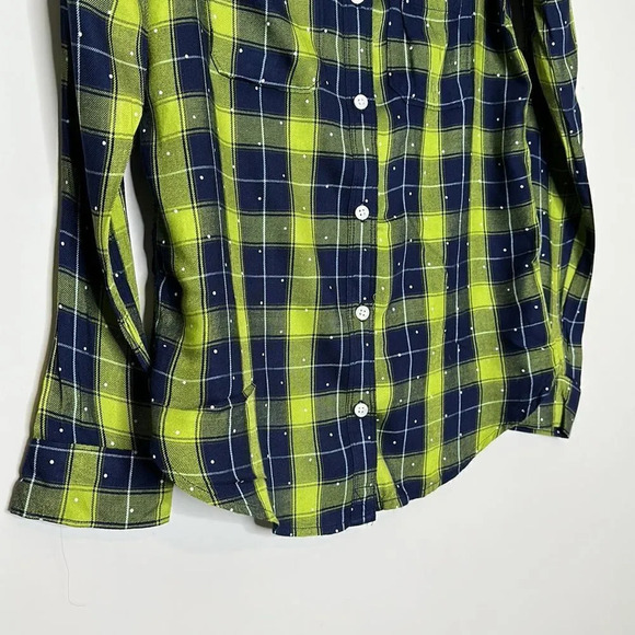 SO S Plaid Flannel Shirt Green Navy Blue White Polka Dot So Soft - Picture 4 of 9